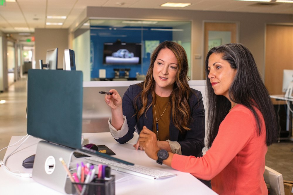 Two colleagues reviewing work on a computer